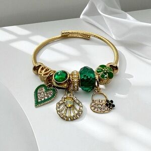 New Adjustable Stainless Steel Green & Gold Charm Bracelet